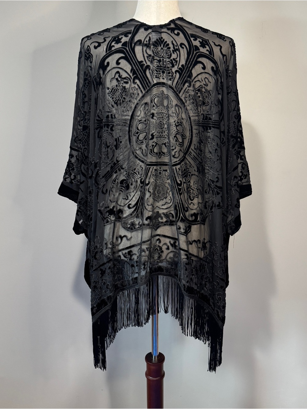 Mixit Black Velvet Burnout Sheer Fringe Kimono Wrap Whimsigoth Witchy One Size - Picture 10 of 15
